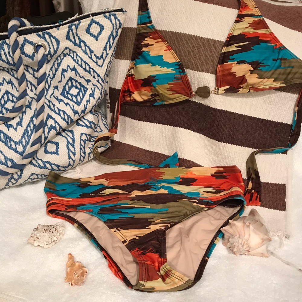 ABS ALLEN SCHWARTZ bikini NWOT brown blue orange M